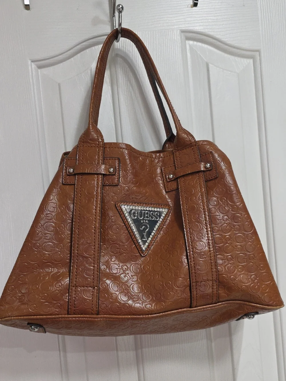 Guess Signature Embossed Leather Tote Bag in Cognac Brown